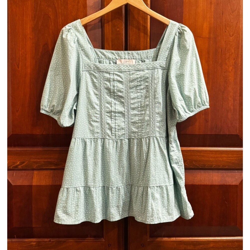 LOFT Women's Green Polka Dot Puff Sleeve Square Neck Cotton Blouse Top Large - Picture 13 of 13
